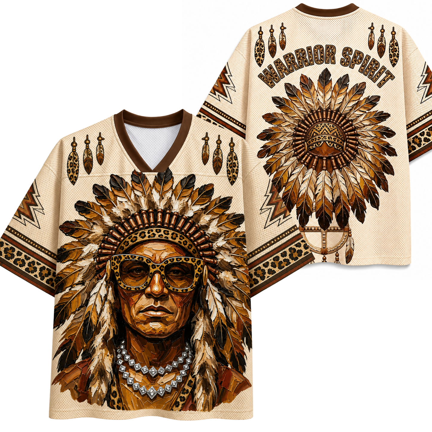A cream-colored short-sleeve V-neck jersey shirt shown from both front and back, featuring a large Native American warrior portrait with a feathered headdress and the words "WARRIOR SPIRIT" on the back.