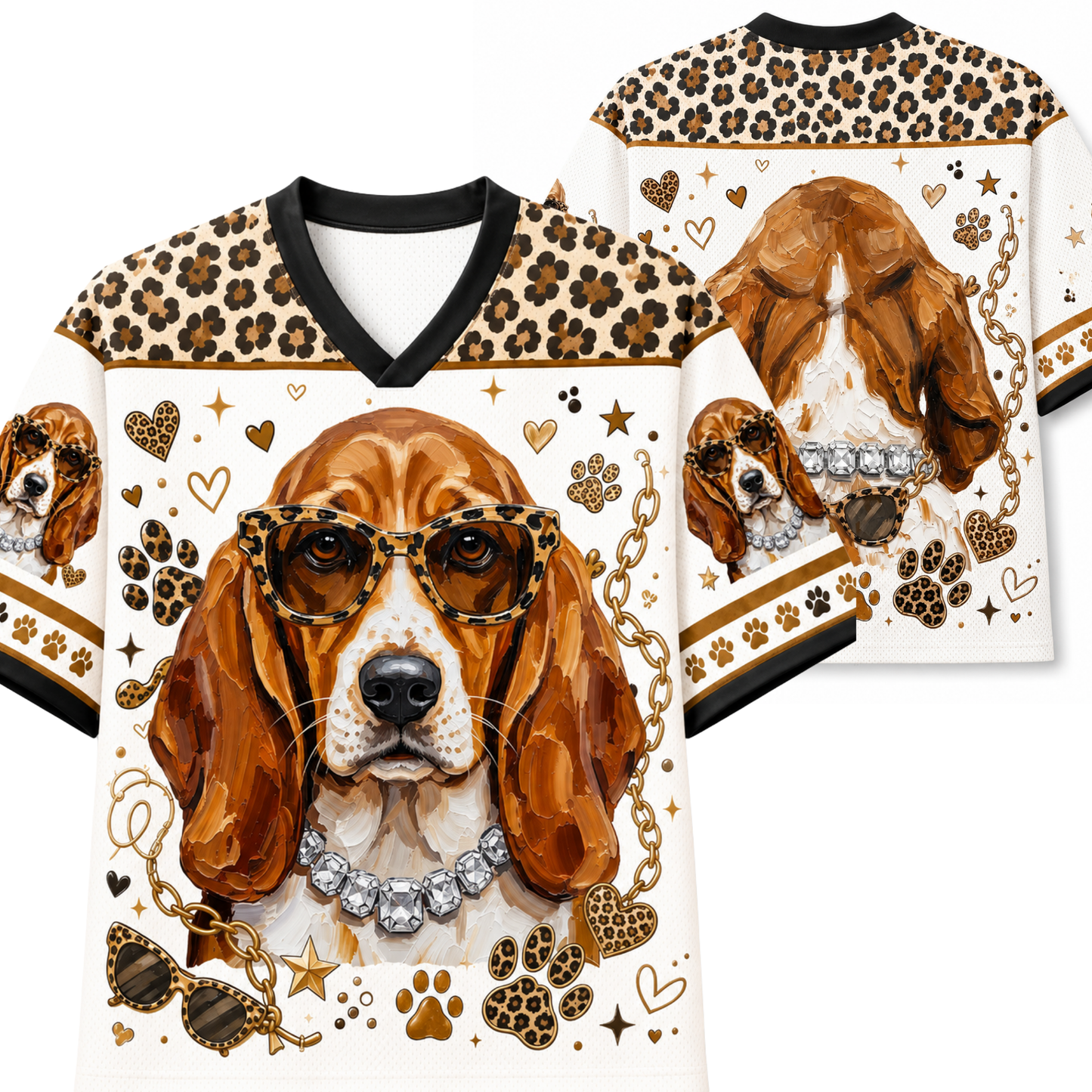 A white V-neck t-shirt with a detailed graphic of a beagle dog wearing leopard-print sunglasses and a jeweled collar, decorated with paw prints, hearts, stars, and leopard-print shoulder panels. A second view of the shirt is shown in the background.