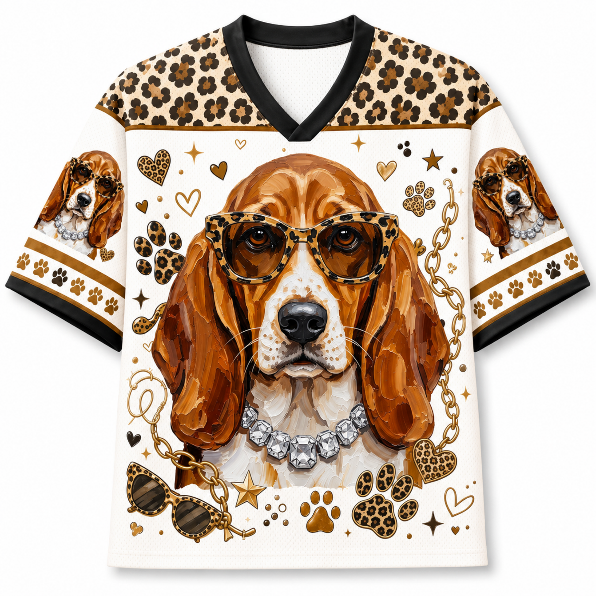 A short-sleeve V-neck t-shirt featuring a detailed graphic of a beagle dog wearing leopard-print sunglasses and a rhinestone collar, surrounded by gold stars, hearts, paw prints, and leopard-print patterns on a white background.