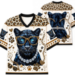 Front and back mockup preview of the cream and leopard print Chaotic Club jersey featuring a blue-eyed black panther wearing leopard sunglasses and a diamond necklace.