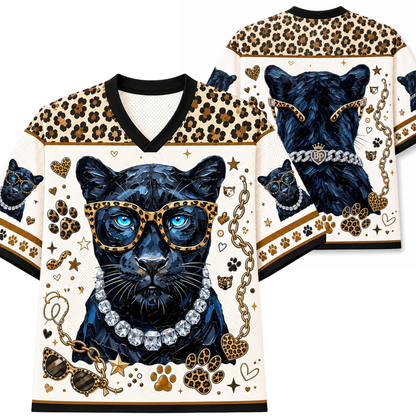 Front and back mockup preview of the cream and leopard print Chaotic Club jersey featuring a blue-eyed black panther wearing leopard sunglasses and a diamond necklace.