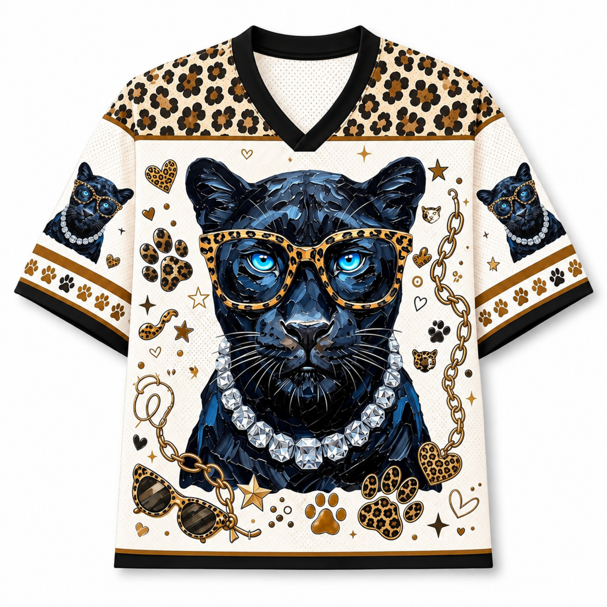 A short-sleeve V-neck graphic shirt featuring a large black panther illustration with blue eyes, leopard-print shoulder panels, paw prints, sunglasses, chain motifs, and a jeweled necklace design on an off-white background.