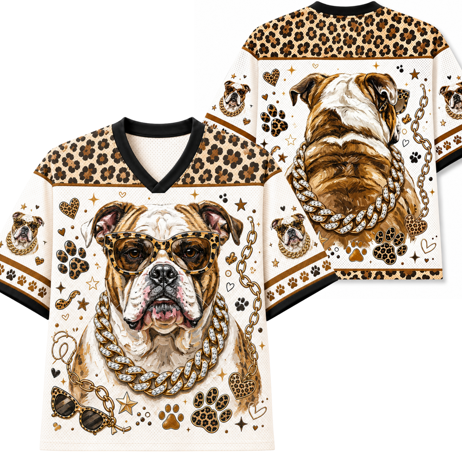A white short-sleeve V-neck T-shirt with a detailed graphic of an English Bulldog wearing leopard-print sunglasses and a gold chain, surrounded by leopard-print shoulder panels, paw prints, stars, and hearts. A second view of the shirt is shown behind it on a plain white background.