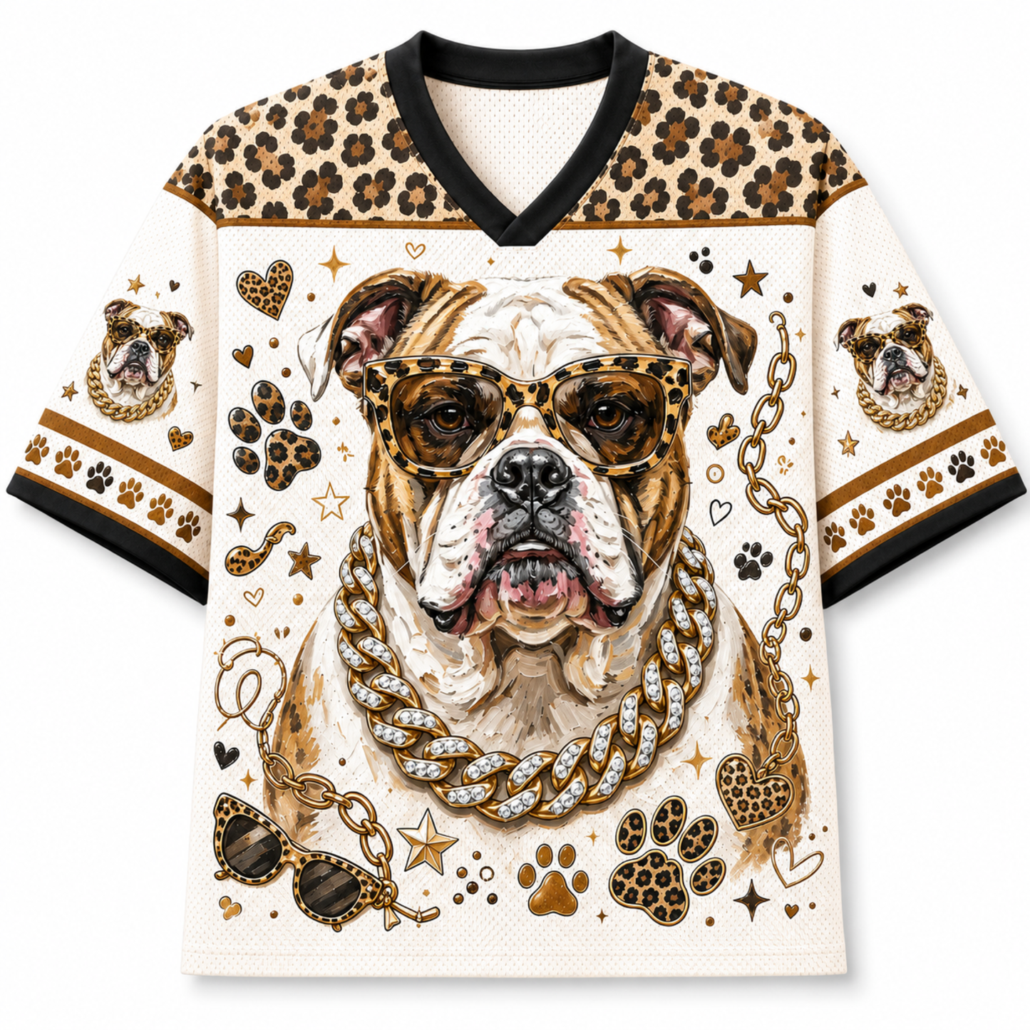 A short-sleeve V-neck t-shirt featuring a large graphic of an English Bulldog wearing leopard-print sunglasses and a gold chain necklace. The shirt has a cream-colored body, leopard-print patterns on the shoulders and sleeves, and black trim on the collar and sleeve cuffs.
