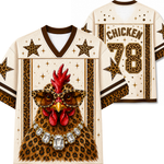 Front and back mockup preview of the cream and leopard print Chaotic Club jersey featuring a cool chicken in sunglasses, diamond necklace, and number 78.