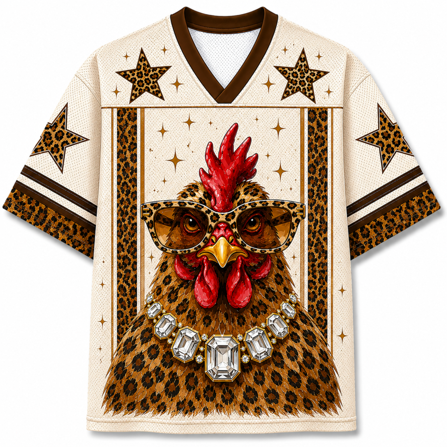 Front view of the cream varsity jersey displaying a swag chicken wearing leopard-frame sunglasses, a giant diamond necklace, and leopard star graphics.