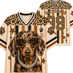 Front and back mockup preview of the cream and leopard print Chaotic Club jersey featuring a stylish Dachshund in sunglasses, diamond necklace, and number 99.