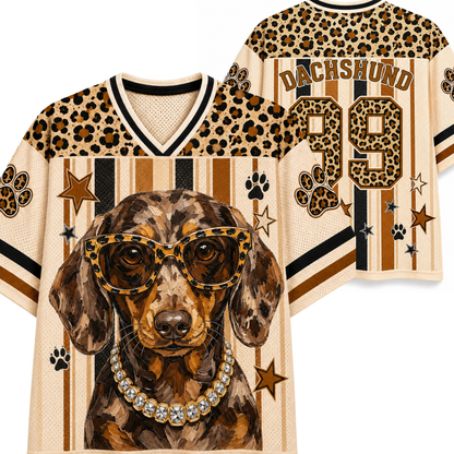Front and back mockup preview of the cream and leopard print Chaotic Club jersey featuring a stylish Dachshund in sunglasses, diamond necklace, and number 99.