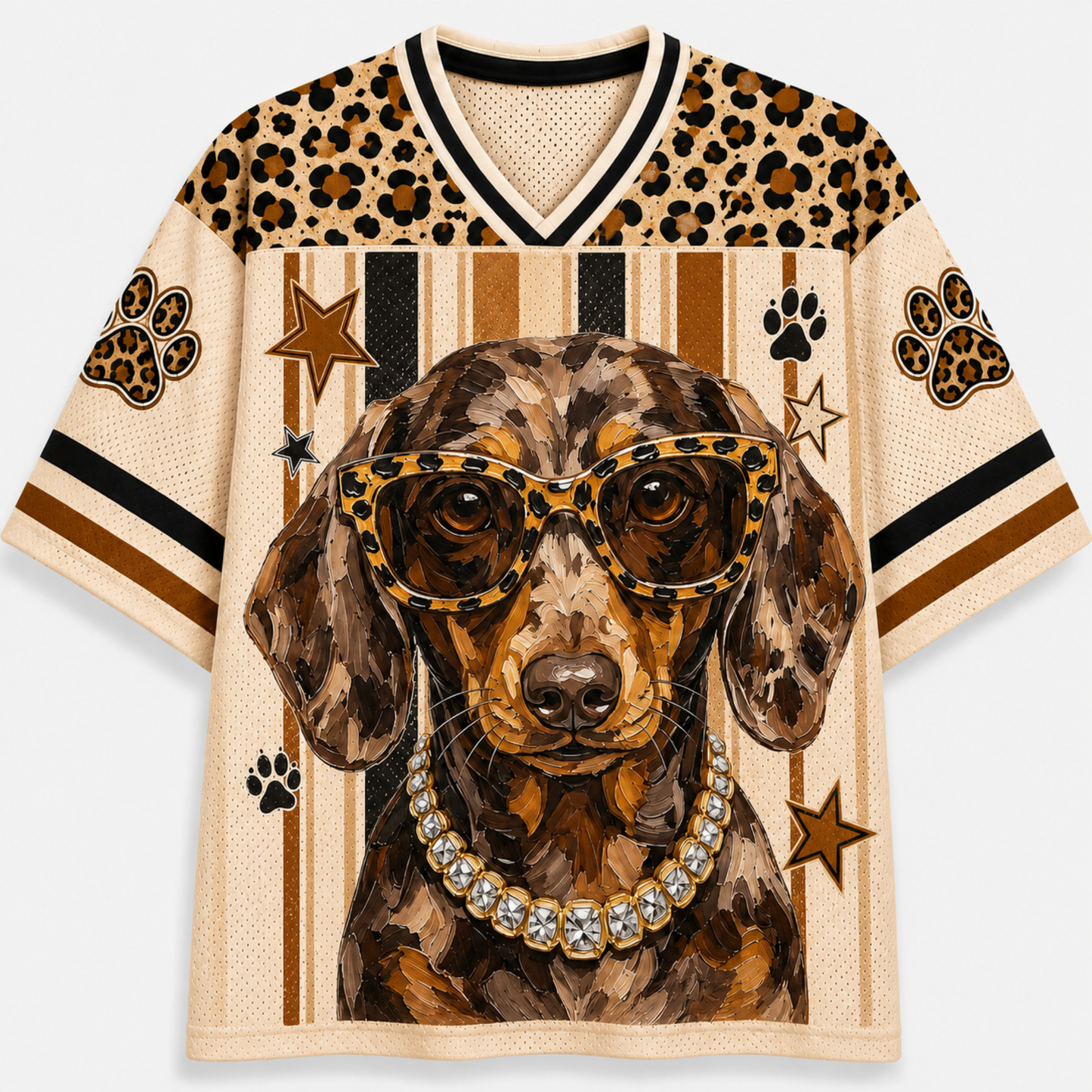 Front view of the cream varsity jersey displaying a swag Dachshund wearing leopard-frame sunglasses, a sparkling diamond necklace, and vertical stripes.