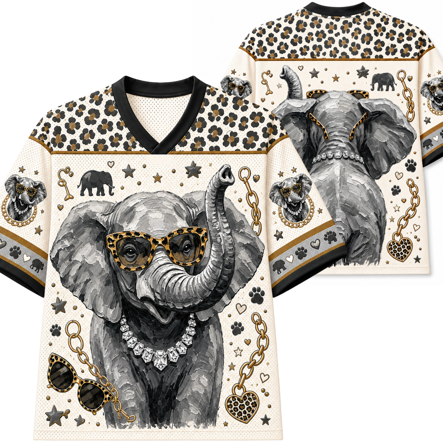 A V-neck short-sleeve shirt shown from the front and back, featuring a large illustrated elephant wearing leopard-print sunglasses, a diamond necklace, and a raised trunk on an off-white background with leopard-print shoulder panels and small decorative motifs.