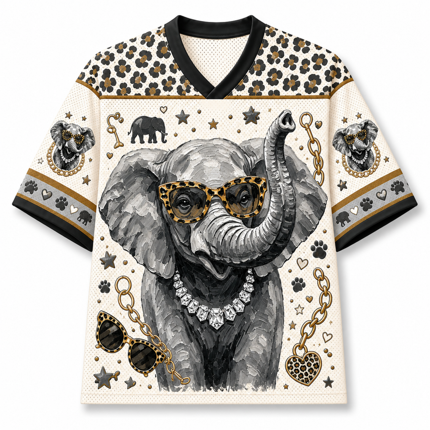 A short-sleeve V-neck t-shirt featuring a detailed graphic print of a gray elephant wearing leopard-print sunglasses and a diamond necklace, surrounded by gold chains, paw prints, and elephant heads on a cream background.