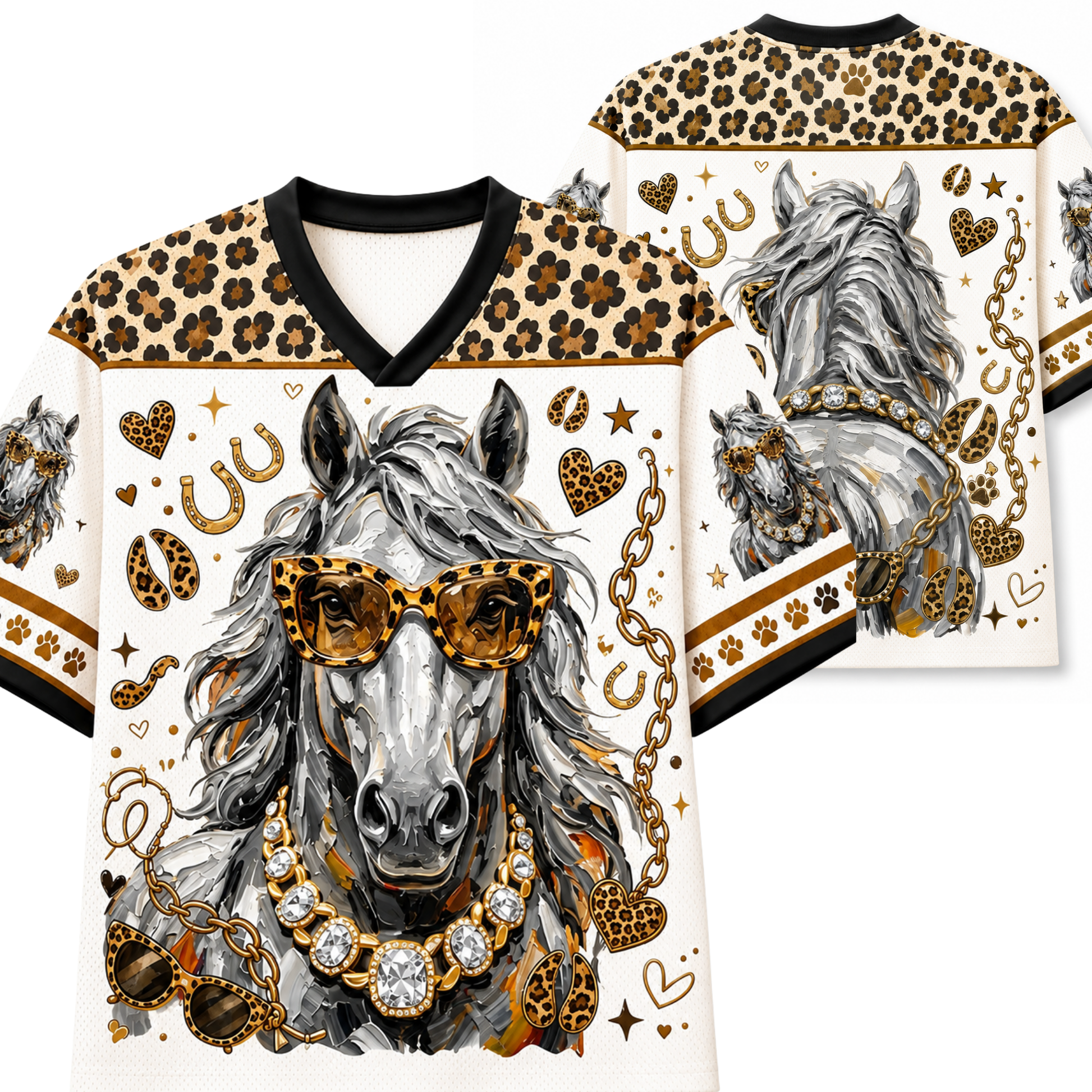 A white V-neck t-shirt with a detailed graphic print of a gray horse wearing leopard-print sunglasses and a gold chain necklace, styled with leopard-print shoulder panels and gold horseshoe and heart motifs.
