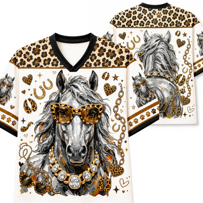 A white V-neck t-shirt with a detailed graphic print of a gray horse wearing leopard-print sunglasses and a gold chain necklace, styled with leopard-print shoulder panels and gold horseshoe and heart motifs.