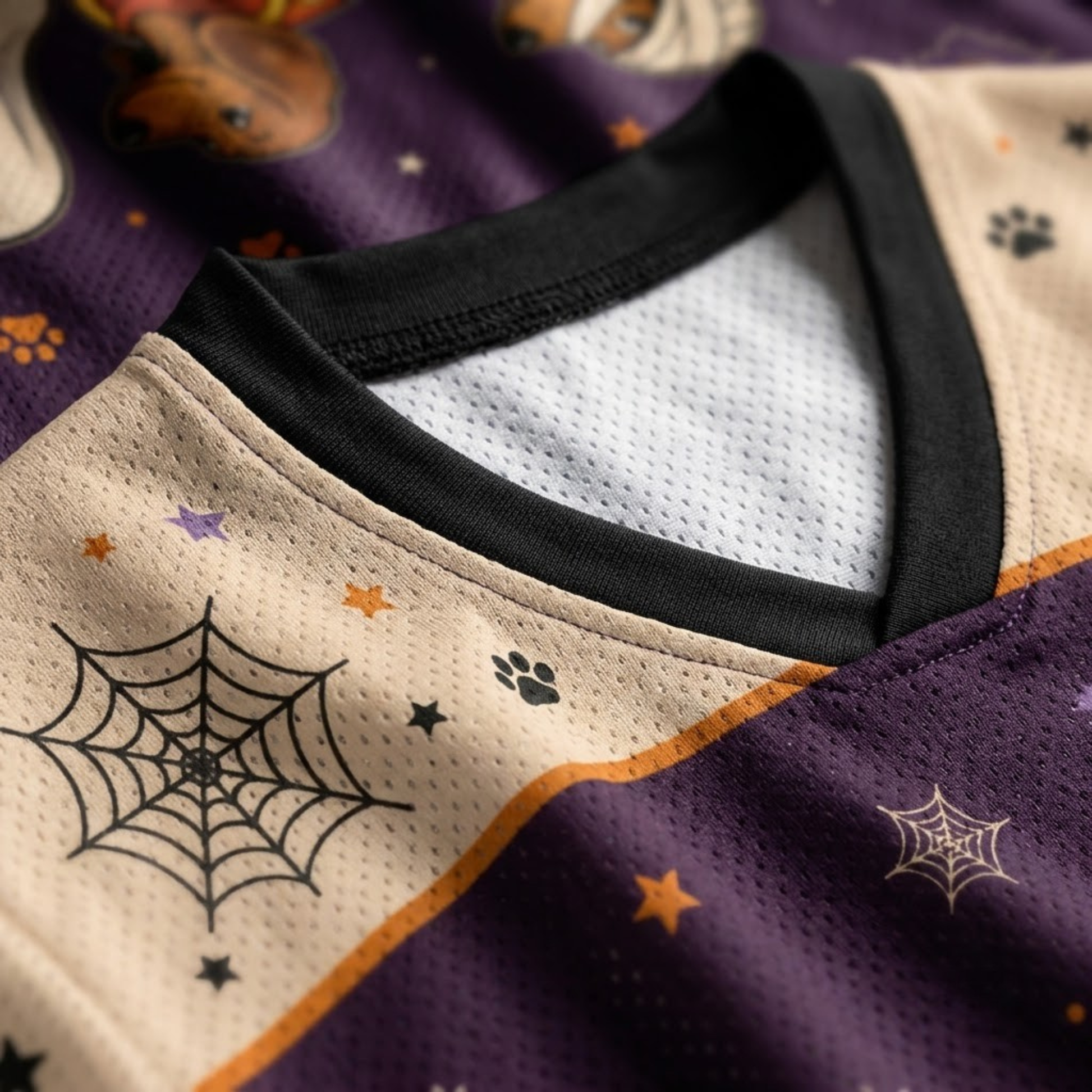 Close-up of a Halloween-themed sports jersey featuring a black and white V-neck collar, a beige sleeve with a black spiderweb and black paw print, and a purple body decorated with orange stars, black spiderwebs, and paw prints.