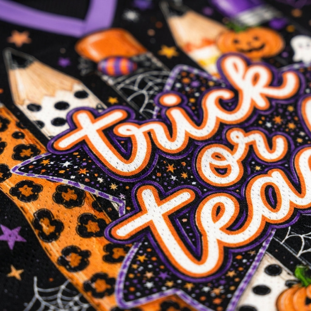 A close-up of a Halloween-themed fabric design featuring the words 'trick or treat' in white script with orange and purple outlines, surrounded by orange pumpkins, black spiderwebs, and leopard-print patterns.