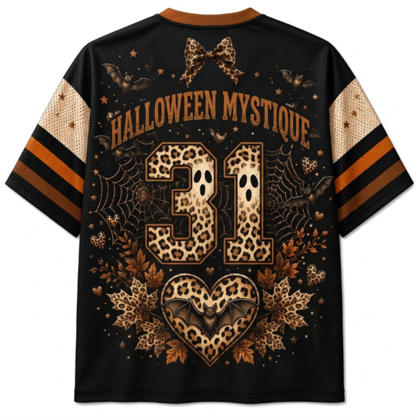 A black short-sleeve t-shirt with a Halloween-themed graphic print on the back. The design features the text 'HALLOWEEN MYSTIQUE' in a distressed brown font, a large leopard-print '31' in the center, a leopard-print heart with a bat inside, spiderwebs, leaves, and stars in brown and beige tones.