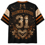 A black short-sleeve t-shirt with a Halloween-themed graphic print on the back. The design features the text 'HALLOWEEN MYSTIQUE' in a distressed brown font, a large leopard-print '31' in the center, a leopard-print heart with a bat inside, spiderwebs, leaves, and stars in brown and beige tones.