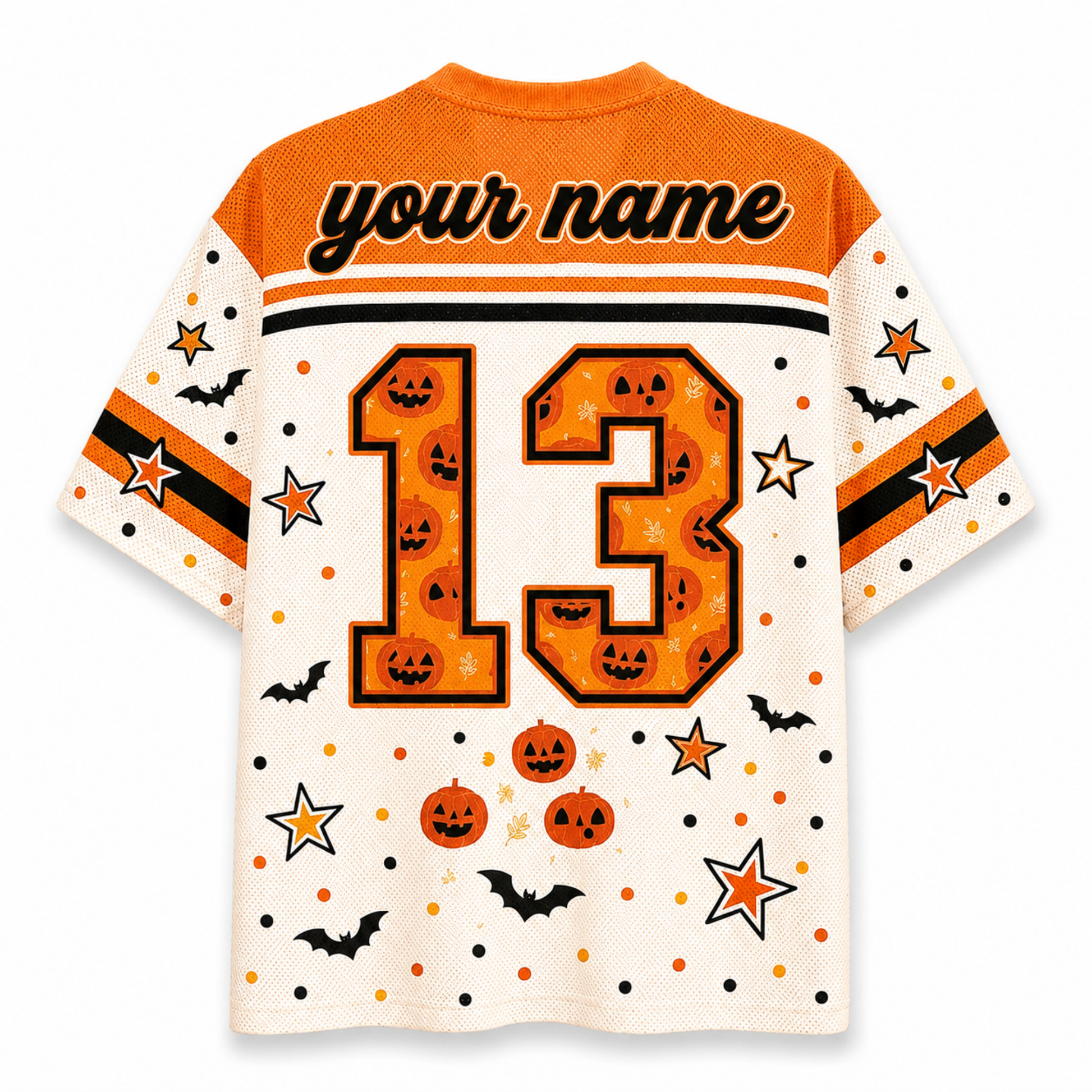 A short-sleeve football-style jersey shown from the back, with orange shoulder panels, a cream body, and Halloween-themed graphics including the number 13 filled with jack-o'-lantern faces, stars, bats, dots, and pumpkins. The top reads 'your name' in script, indicating a customizable design.