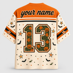 Back view of the customizable Chaotic Club Halloween jersey showcasing 'your name' text above a large plaid and leopard patterned athletic number 13 with paw prints.