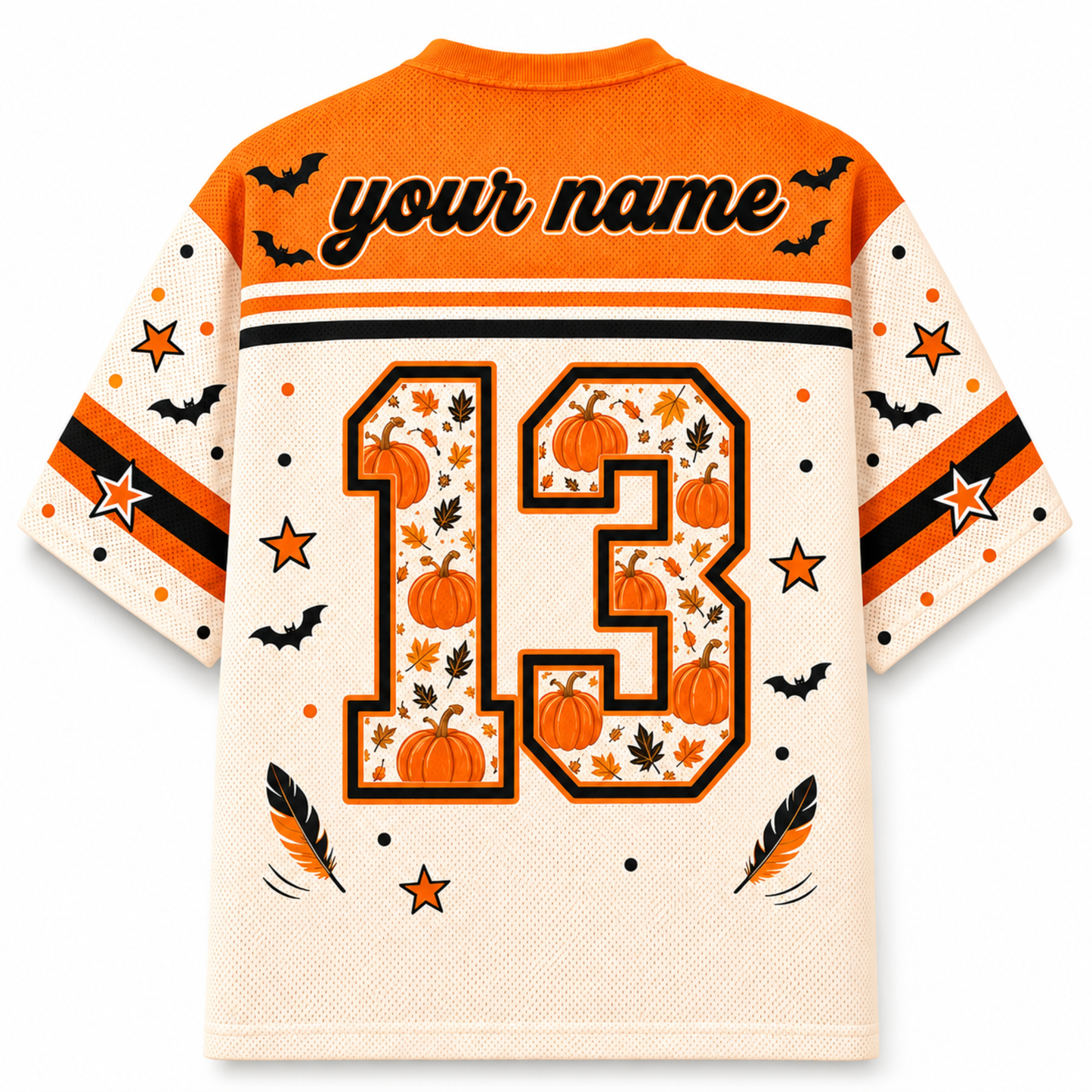 Back view of the customizable Chaotic Club Halloween jersey showcasing 'your name' text above a large plaid and leopard patterned athletic number 13 with paw prints.