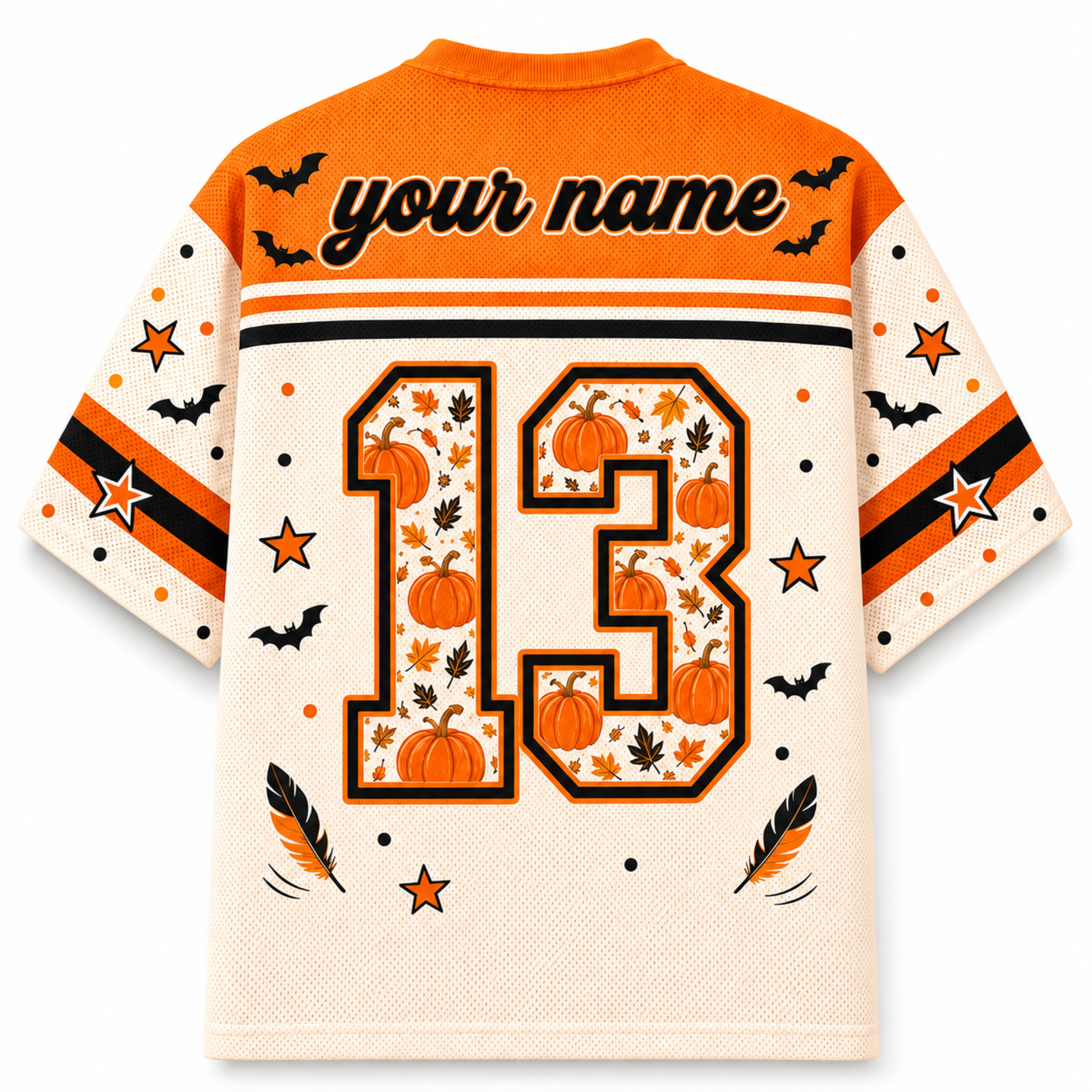 Back view of the customizable Chaotic Club Halloween jersey showcasing 'your name' text above a large plaid and leopard patterned athletic number 13 with paw prints.