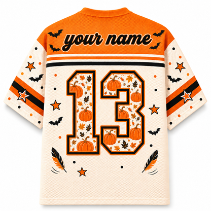 Back view of the customizable Chaotic Club Halloween jersey showcasing 'your name' text above a large plaid and leopard patterned athletic number 13 with paw prints.