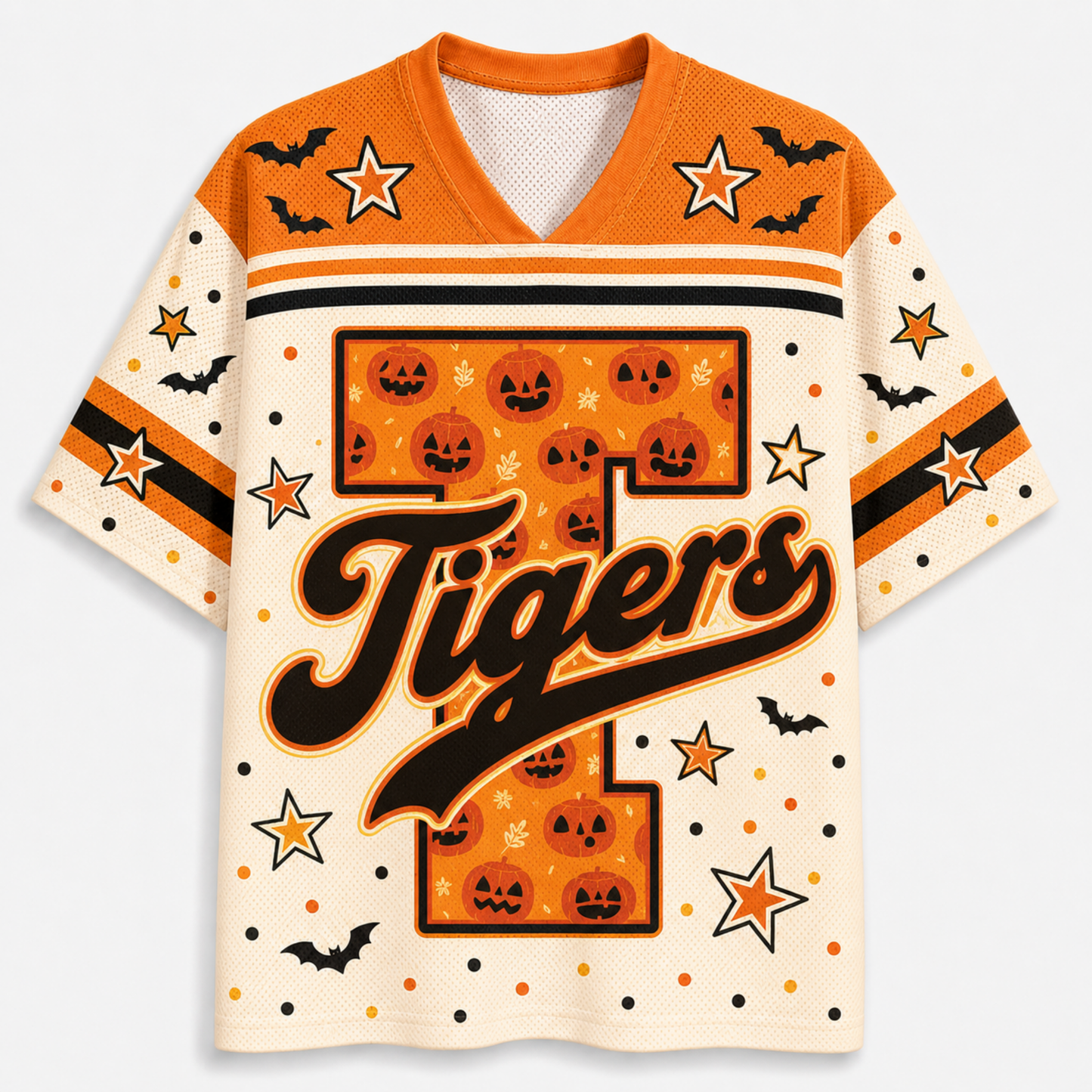 A short-sleeve V-neck jersey with a Halloween theme, featuring an orange and cream color palette. The front displays a large number '1' filled with jack-o'-lanterns and the word 'Tigers' in black script with an orange outline.