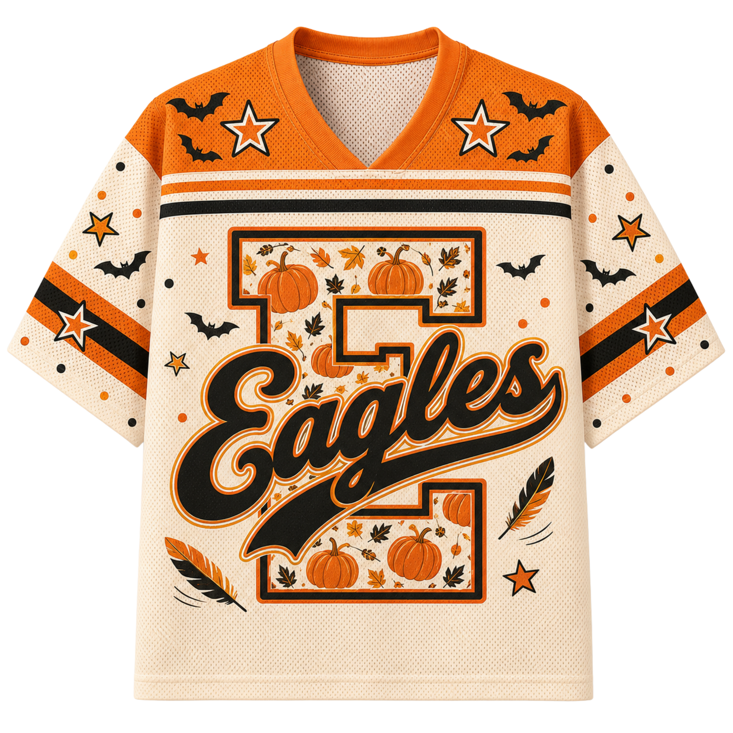 A short-sleeve V-neck football jersey with a cream mesh body, orange shoulder panels, and a large decorative number 2 graphic on the front featuring pumpkins, leaves, stars, bats, and the word 'Eagles' in black script.