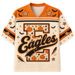 A short-sleeve V-neck football jersey with a cream mesh body, orange shoulder panels, and a large decorative number 2 graphic on the front featuring pumpkins, leaves, stars, bats, and the word 'Eagles' in black script.