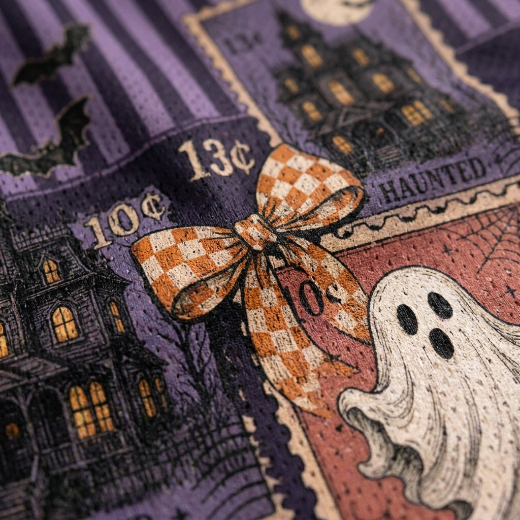 Close-up of a Halloween-themed fabric print featuring vintage postage stamps, a purple haunted house, a white ghost, bats, and an orange-and-white checkered bow.