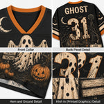 A 2x2 collage showing details of a black football-style shirt with orange trim and Halloween graphics. The top-left panel shows the front collar with a ghost and pumpkin print.