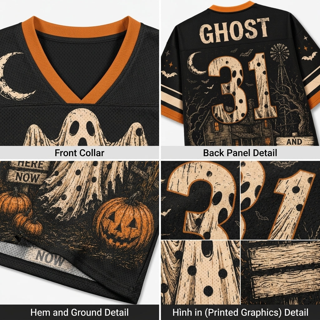 A 2x2 collage showing details of a black football-style shirt with orange trim and Halloween graphics. The top-left panel shows the front collar with a ghost and pumpkin print.