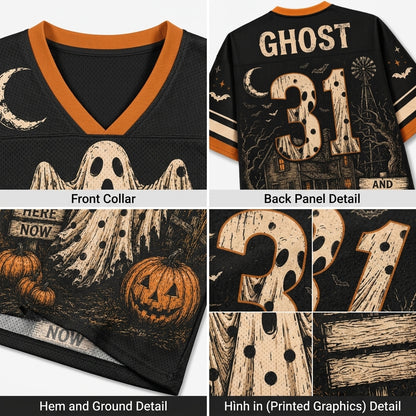 A 2x2 collage showing details of a black football-style shirt with orange trim and Halloween graphics. The top-left panel shows the front collar with a ghost and pumpkin print.