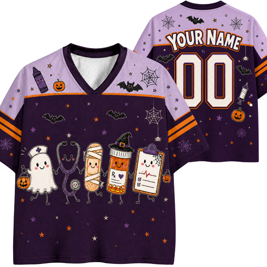 Front and back view of Chaotic Club Haunted Healing Ghost Nurse Halloween Mesh Jersey with cute medical graphics and customizable name back.