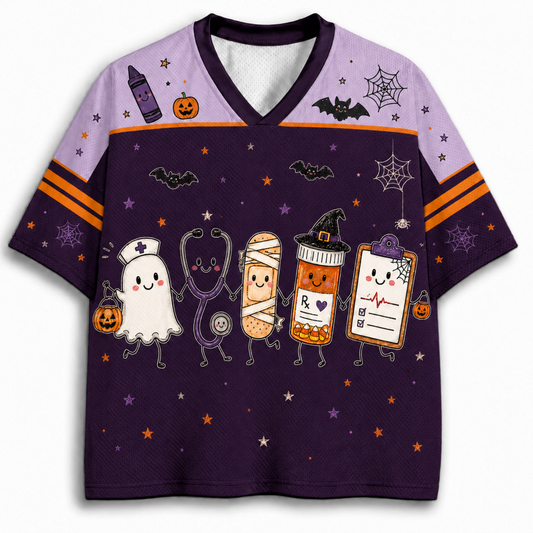 Front view of Chaotic Club Haunted Healing Ghost Nurse Halloween Mesh Jersey featuring purple mesh and cute Halloween medical artwork.
