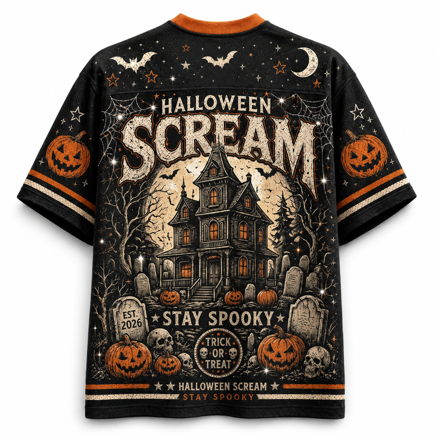 A black short-sleeve t-shirt with an orange collar, featuring a detailed Halloween graphic print on the back. The design includes a haunted house, tombstones, pumpkins, bats, stars, and the text 'HALLOWEEN SCREAM' and 'STAY SPOOKY'.