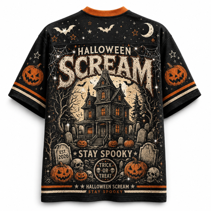 A black short-sleeve t-shirt with an orange collar, featuring a detailed Halloween graphic print on the back. The design includes a haunted house, tombstones, pumpkins, bats, stars, and the text 'HALLOWEEN SCREAM' and 'STAY SPOOKY'.