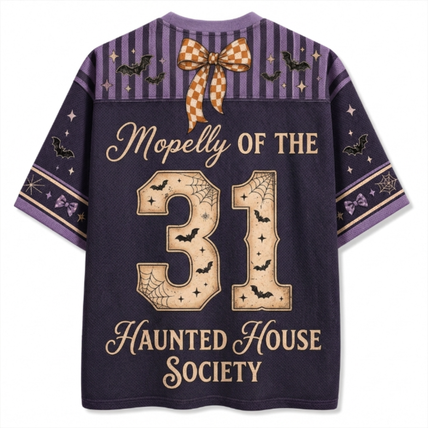 A short-sleeve t-shirt with a Halloween-themed graphic on the back. The shirt is dark purple with a purple and gold striped yoke decorated with a checkered bow, bats, and stars.