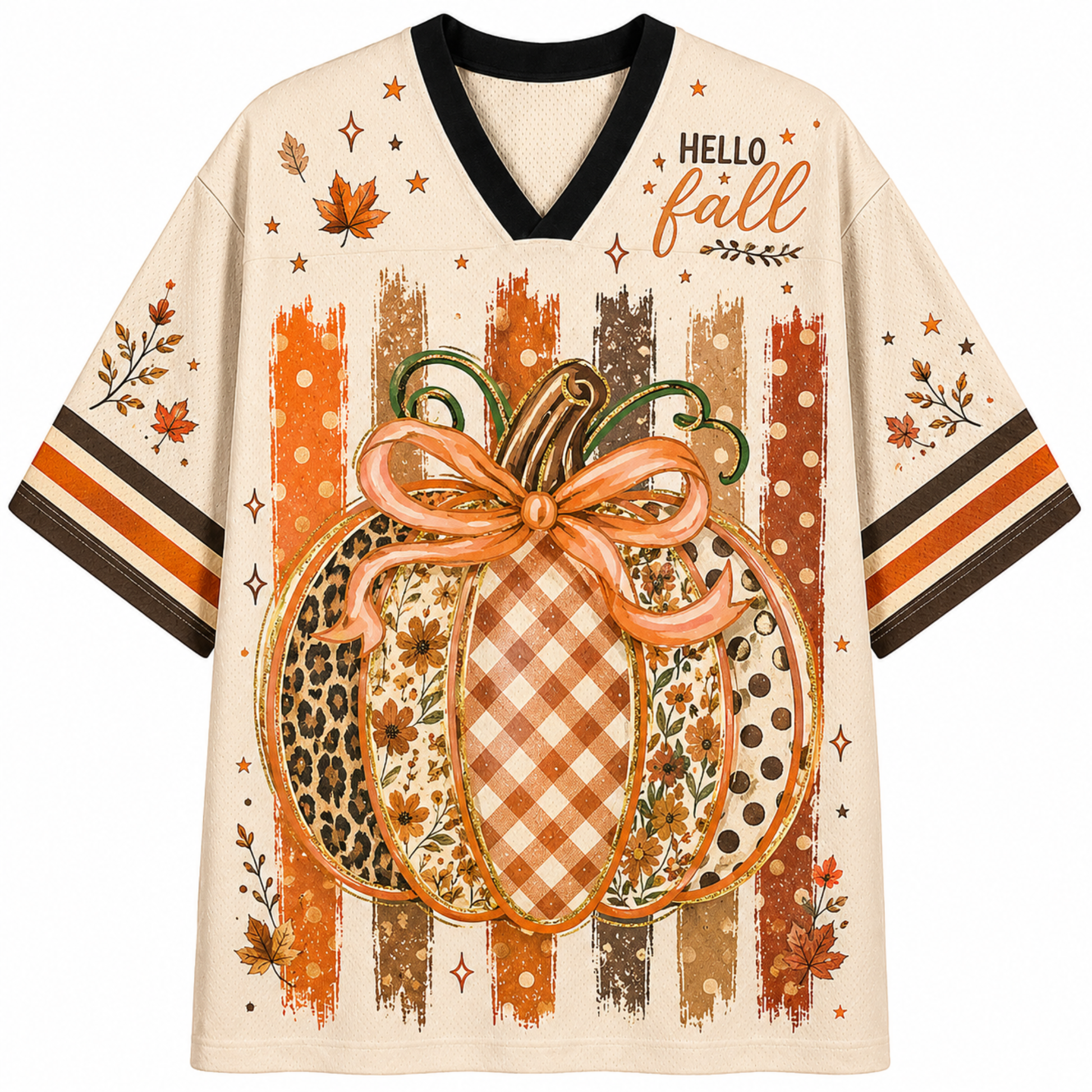 An off-white short-sleeve V-neck t-shirt with a black collar trim, featuring a large autumn-themed pumpkin graphic on the front. The pumpkin has a mix of leopard print, gingham, and floral patterns, topped with a peach-colored ribbon.