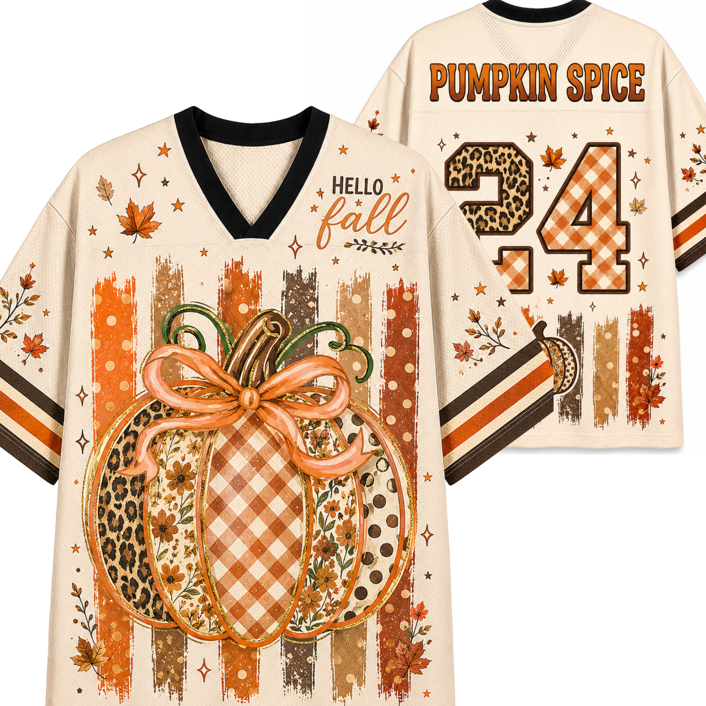 A cream-colored football-style V-neck shirt shown from the front and back, decorated with autumn fall graphics including a large patterned pumpkin, striped wood planks, leaves, stars, and the text 'HELLO fall' and 'PUMPKIN SPICE'.