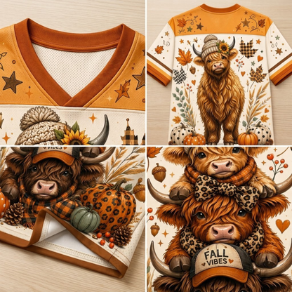 A four-panel collage showing a short-sleeve V-neck t-shirt from multiple angles. The shirt features a warm autumn theme with a highland cow illustration, pumpkins, pinecones, stars, plaid patterns, and the text 'FALL VIBES'.