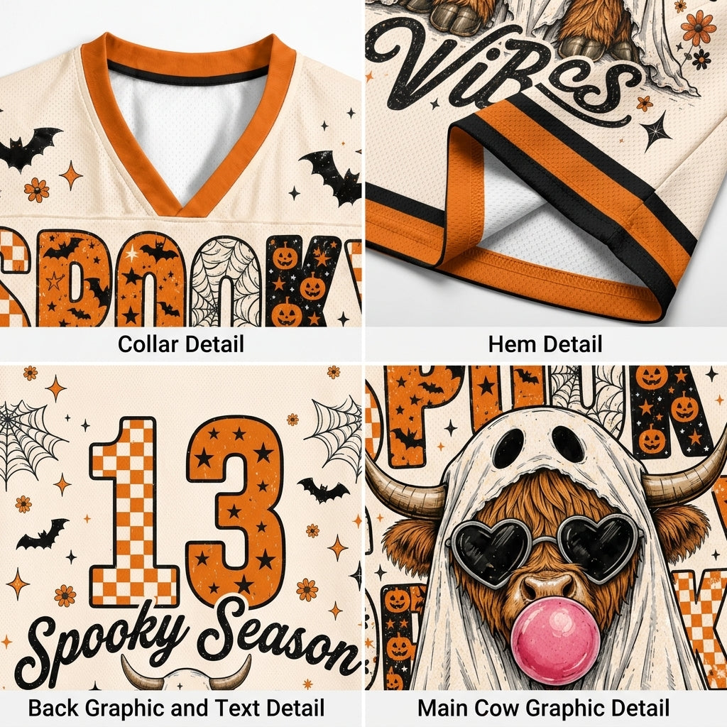 A four-panel product detail collage showing a Halloween-themed sports jersey. The top-left panel shows the V-neck collar with orange trim and a cream mesh fabric.