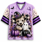 A purple short-sleeve V-neck jersey-style shirt with a Halloween-themed graphic print featuring a dog in a witch hat, a ghost, pumpkins, flowers, stars, and stripes on the sleeves.