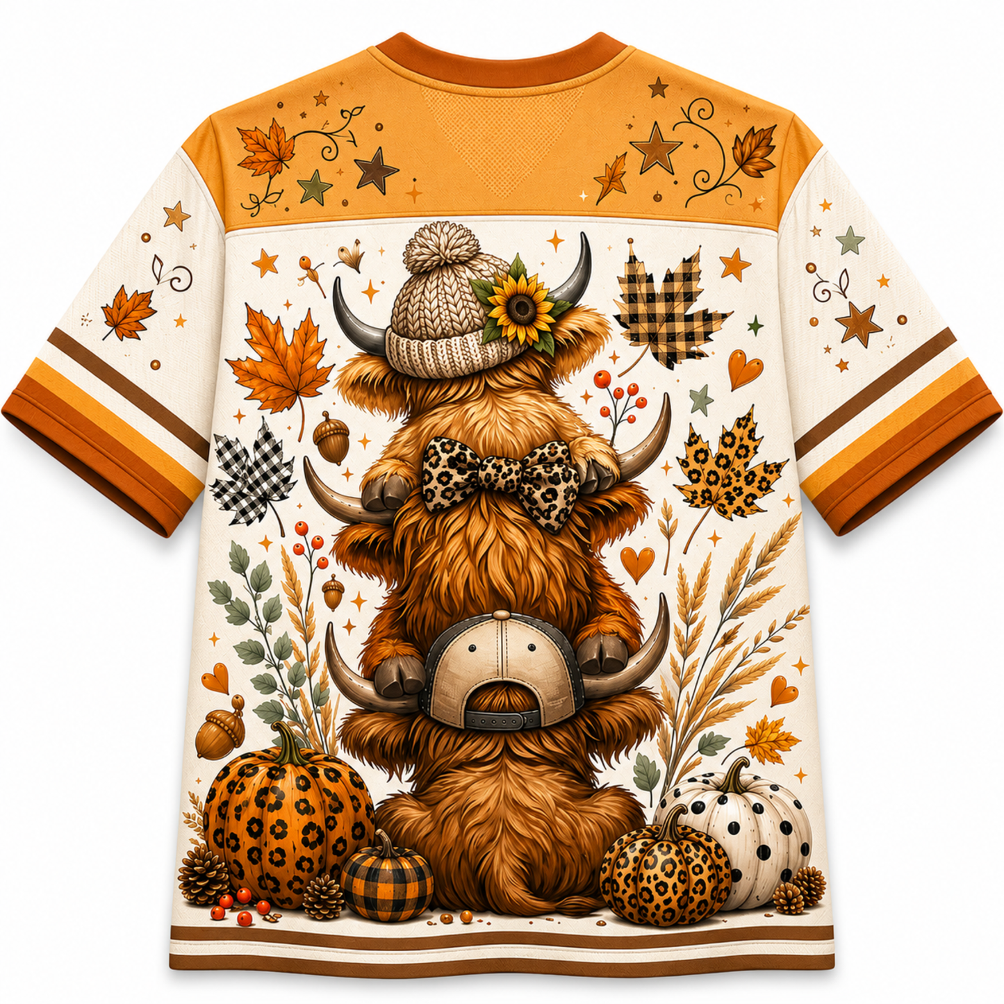 A short-sleeve crewneck t-shirt featuring a detailed autumn-themed graphic print of a shaggy Highland cow wearing a knit hat and leopard-print bow tie, surrounded by pumpkins, leaves, stars, and plaid patterns on an off-white background.