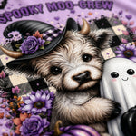 A Halloween-themed illustration featuring a scruffy dog wearing a black witch hat with a purple rose, hugging a white ghost, surrounded by purple flowers, a pumpkin, and a plaid blanket. The text 'Spooky Moo-Crew' appears at the top.