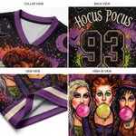 A four-panel product detail collage showing a V-neck jersey: collar view, back view with 'Hocus Pocus 93' text, hem view, and a front graphic view with three illustrated witches blowing pink and green bubblegum.