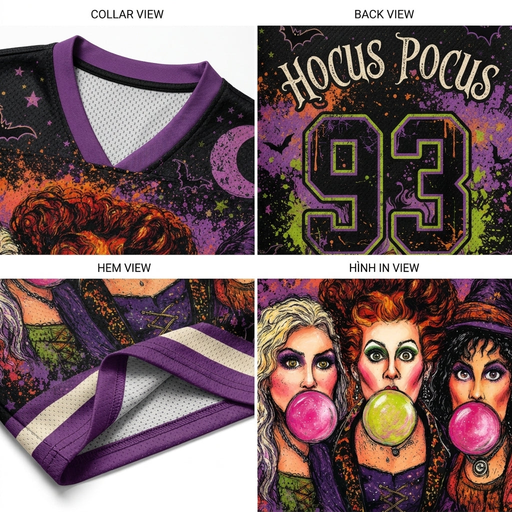 A four-panel product detail collage showing a V-neck jersey: collar view, back view with 'Hocus Pocus 93' text, hem view, and a front graphic view with three illustrated witches blowing pink and green bubblegum.