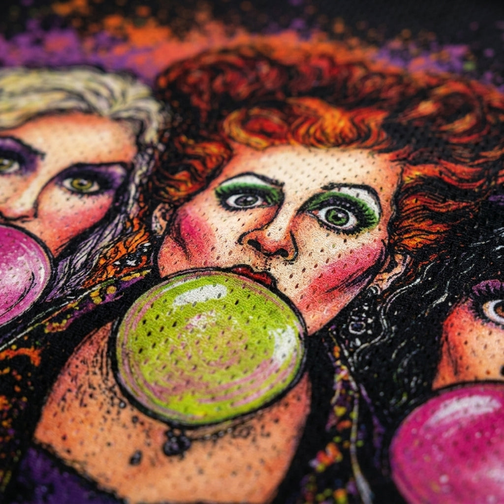 A close-up of a colorful illustrated artwork showing three stylized faces with pink bubblegum bubbles, rendered in a textured, dot-art style with vivid purple, orange, green, black, and peach tones.