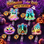 Halloween-themed promotional graphic showing five iridescent holographic badge reel options labeled Option 1 through Option 5. The designs include a ghost with a bow, a ghost showing an X-ray, a jack-o'-lantern face, a ribcage with a pumpkin, and a cartoon character in a hat holding a pumpkin.