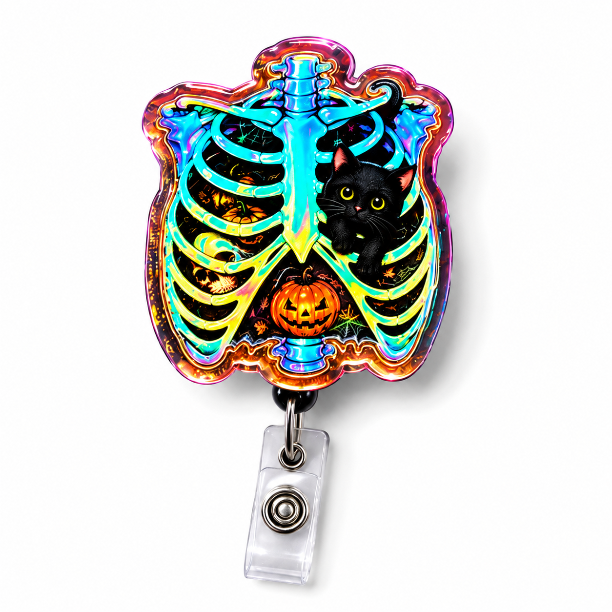 A Halloween-themed retractable badge reel featuring a colorful, iridescent rib cage design with a black cat and jack-o'-lantern, attached to a clear plastic reel on a white background.
